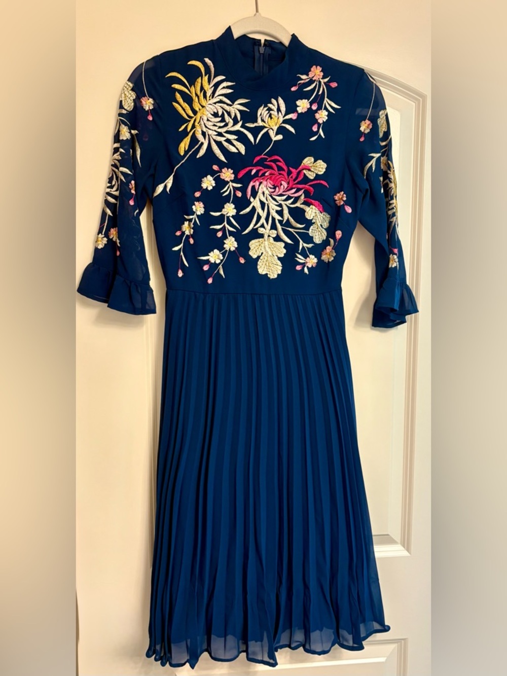ASOS Navy Floral Embroidered Pleated Midi Dress